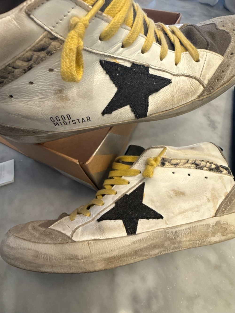 100% Authentic Golden Goose White, Gray and Yellow Sneakers w/ Yellow Laces - Picture 2 of 16